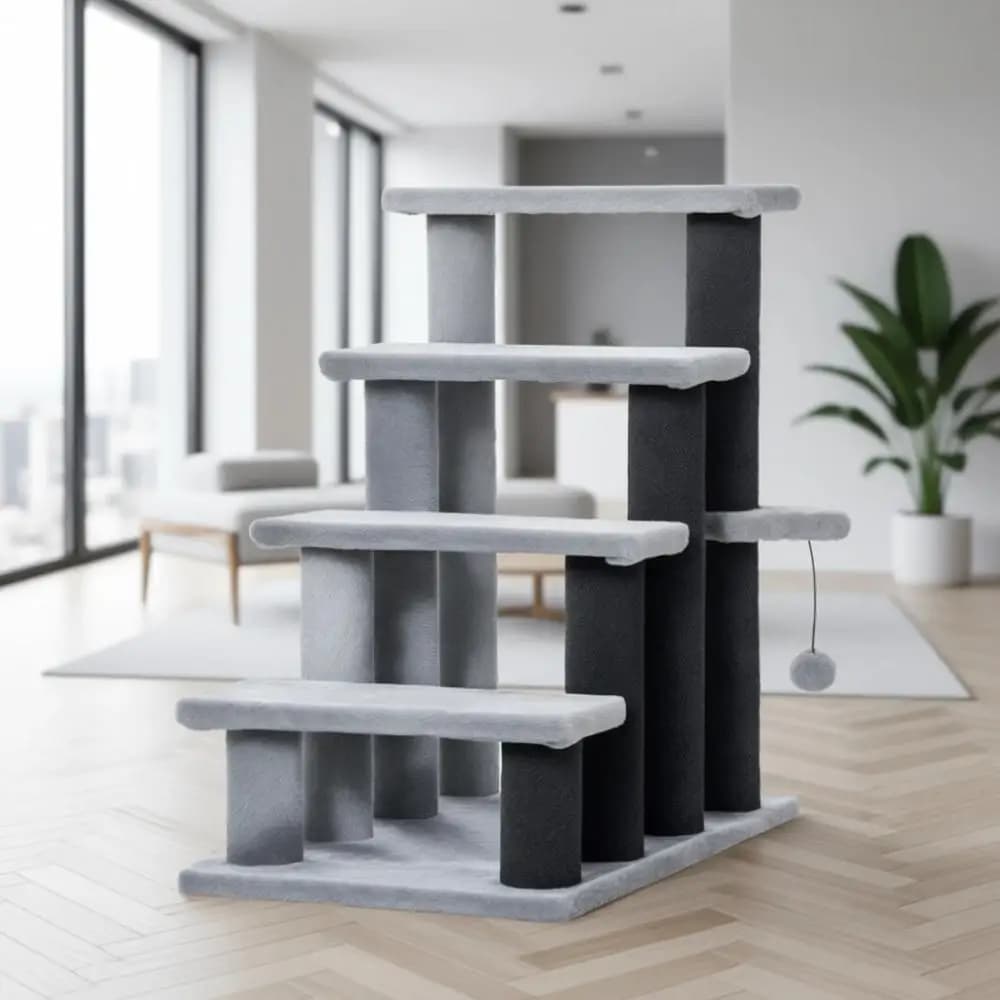 Albero per Gatti 2-in-1 con 4 Gradini, Tiragraffi e Palla Giocattolo Sospesa, Grigio Chiaro, Uso Interno