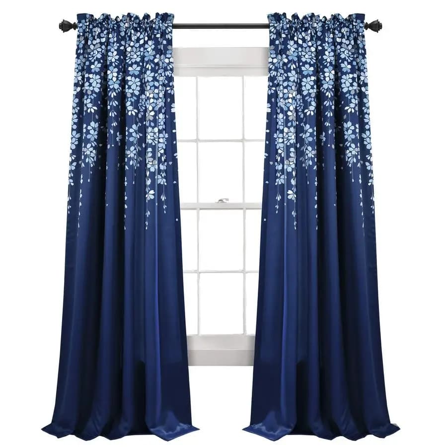 Filtrant Curtains for Windows with Floral Pattern, Couple, 132x213 cm, 2 Passers, Navy Blue, Modern and Charming Curtains for Living Room