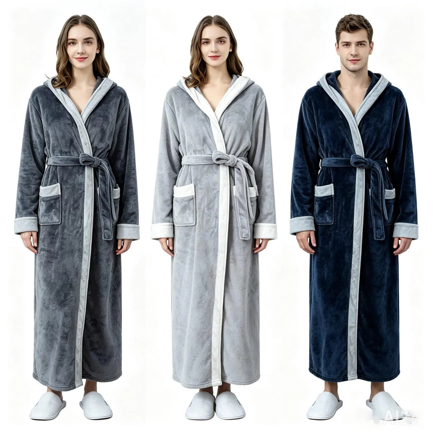 Solid Color Hooded Couple Bathrobe Grey Navy Blue Long Coral Fleece Robe Belted Winter Warm Loungewear Sleep Dress With Pockets