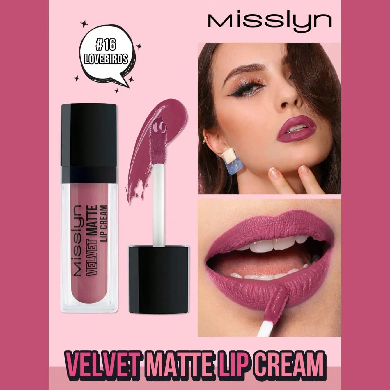 Misslyn Velvet Matte Lip Cream, texture mousse soffice, non secca, tinta labbra a lunga tenuta, finitura effetto sfocato, cruelty-free.