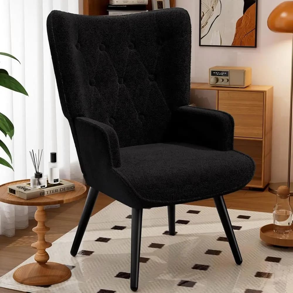 Poltrona Imbottita con Schienale Alto e Gambe in Metallo, per Soggiorno/Camera da Letto, in Tessuto Teddy Nero