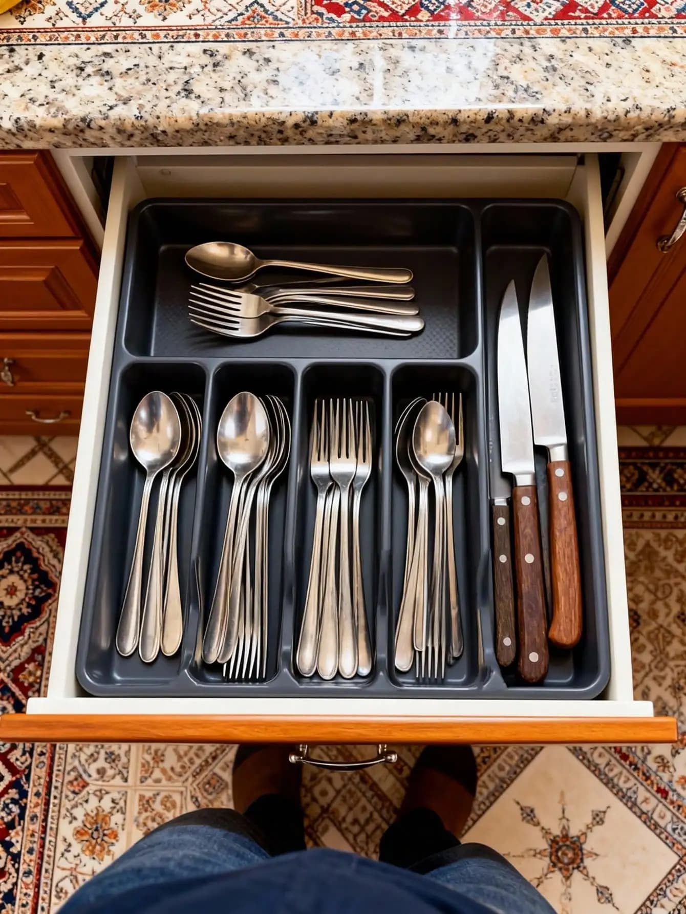 Portacucchiai da cucina, porta utensili e posate, organizer piatto da cassetto per coltelli, forchette e bacchette, contenitore per posate da incasso, 1 pezzo