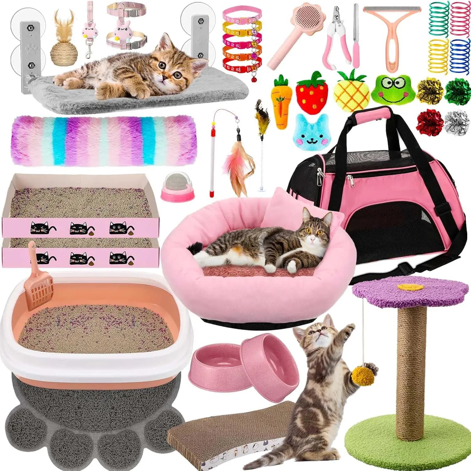 Kit di Avviamento per Gattini da Interno da 40 Pezzi, Include Lettiera, Trasportino, Cuccia, Tiragraffi, Tappetino per Graffiare, Amaca, Cibo