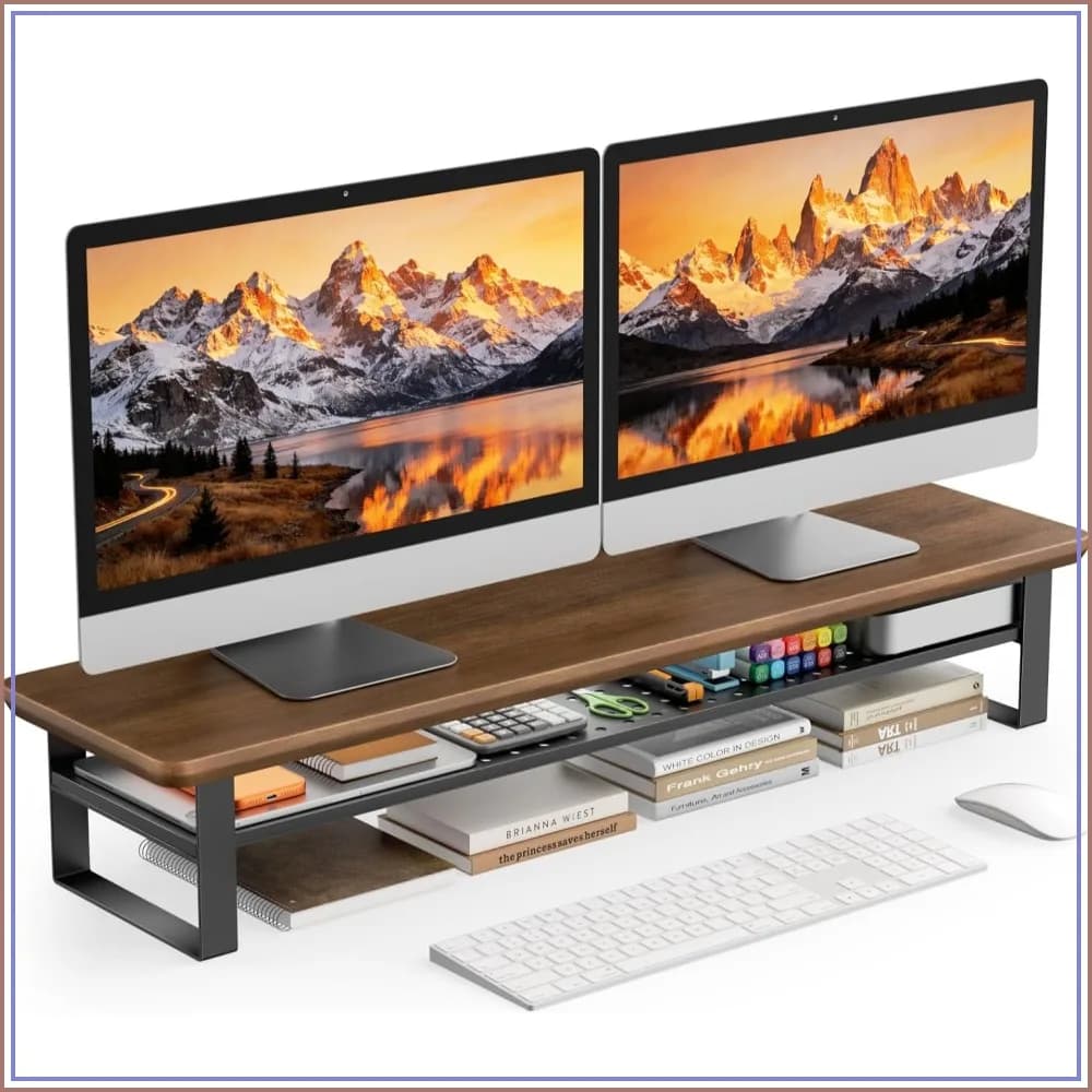 35.4 Inch Dual Monitor Stand Riser, 2 Tiers Wood Desk Shelf with Storage for 2 Monitors, Laptop, Printer