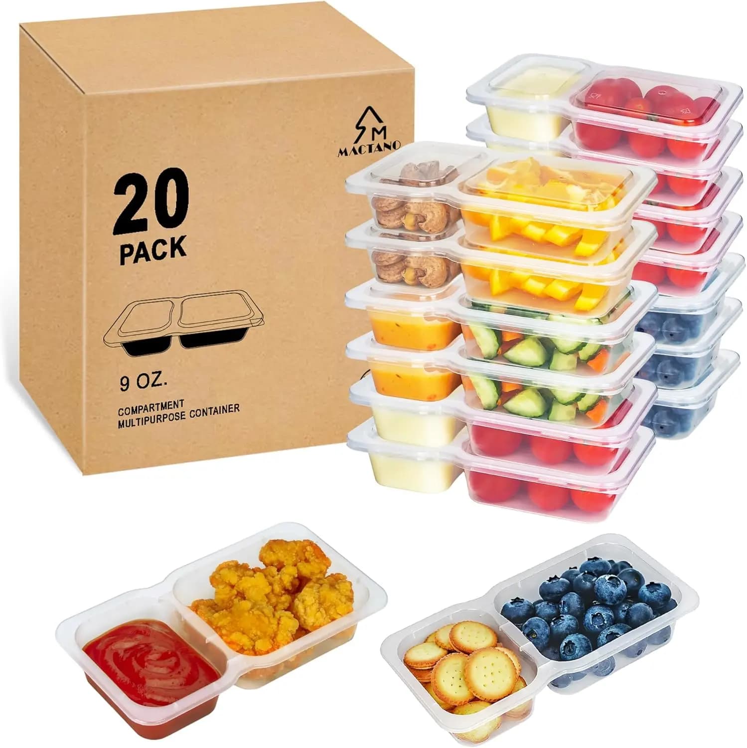 Contenitori per Snack Riutilizzabili con Coperchi, Scatole in Plastica Senza BPA da 9 oz con Doppio Scomparto per Lavoro, Viaggi e Scuola