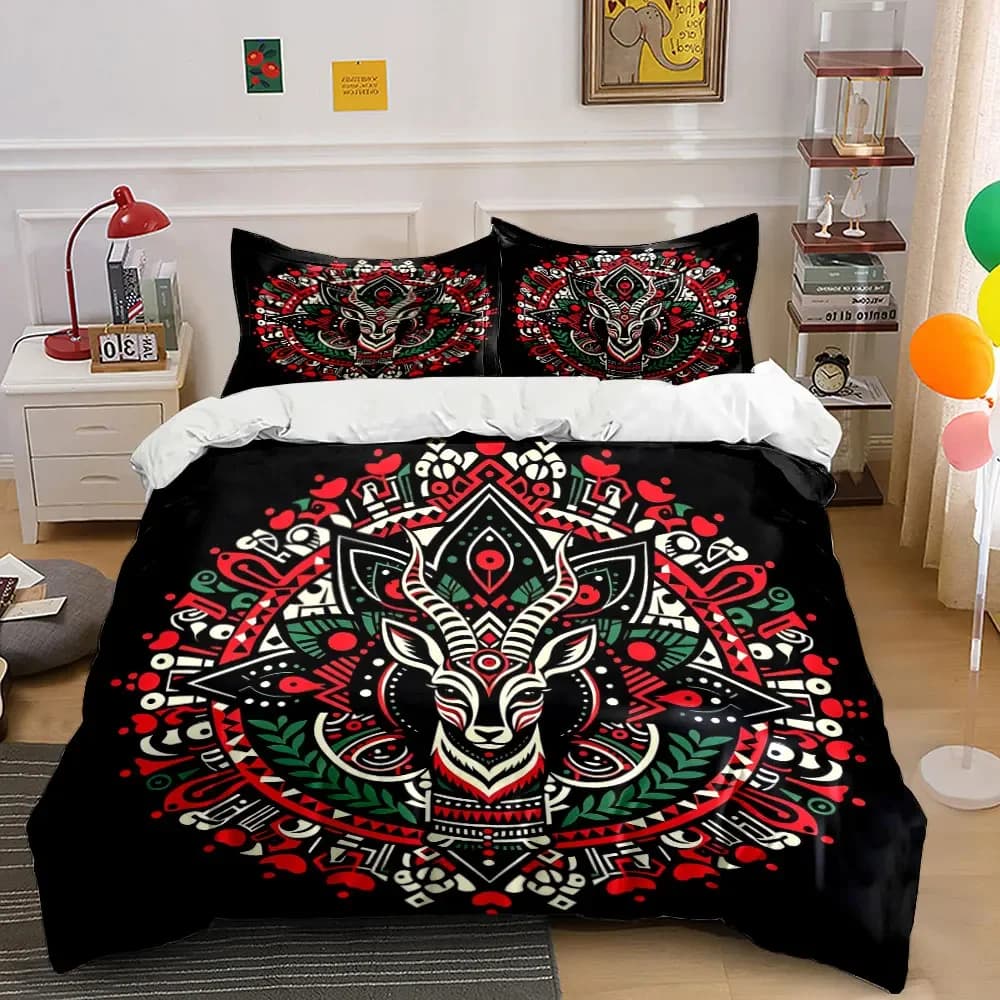 Set di biancheria da letto tribale con antilope, 3 pezzi, copripiumino con stampa geometrica mandala rosso verde nero + 2 federe, decorazioni etniche con fauna selvatica
