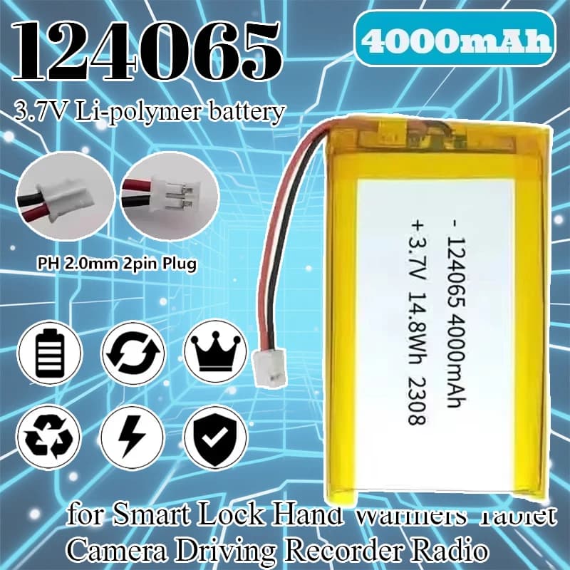 3.7V 4000mAh 124065 Lithium Polymer Battery PH 2.0 2 Pin Plug for Smart Lock Scaldamani Tablet Camera Driving Recorder Radio