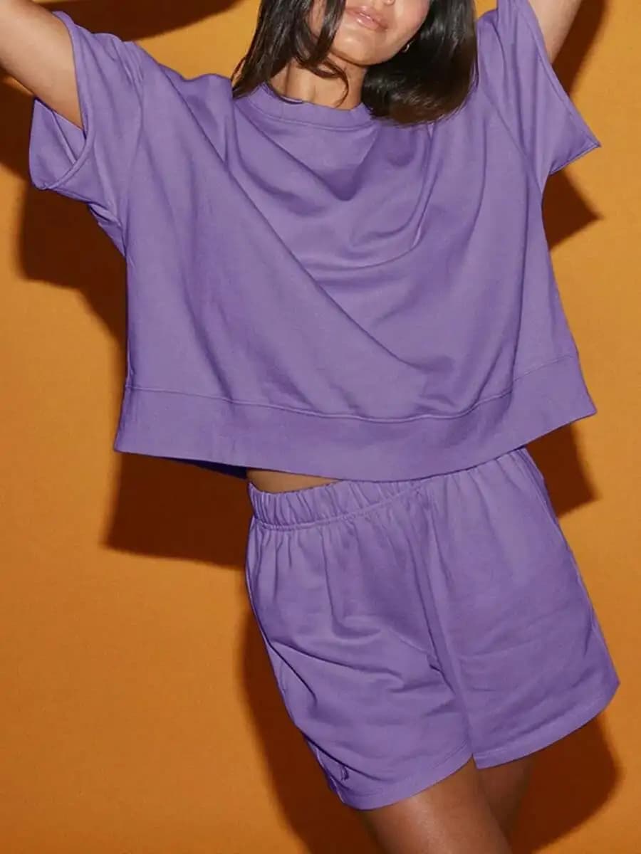 Womens 2 Piece Set Oversized Cropped Sweatshirt And High Waist Shorts Casual Tracksuit