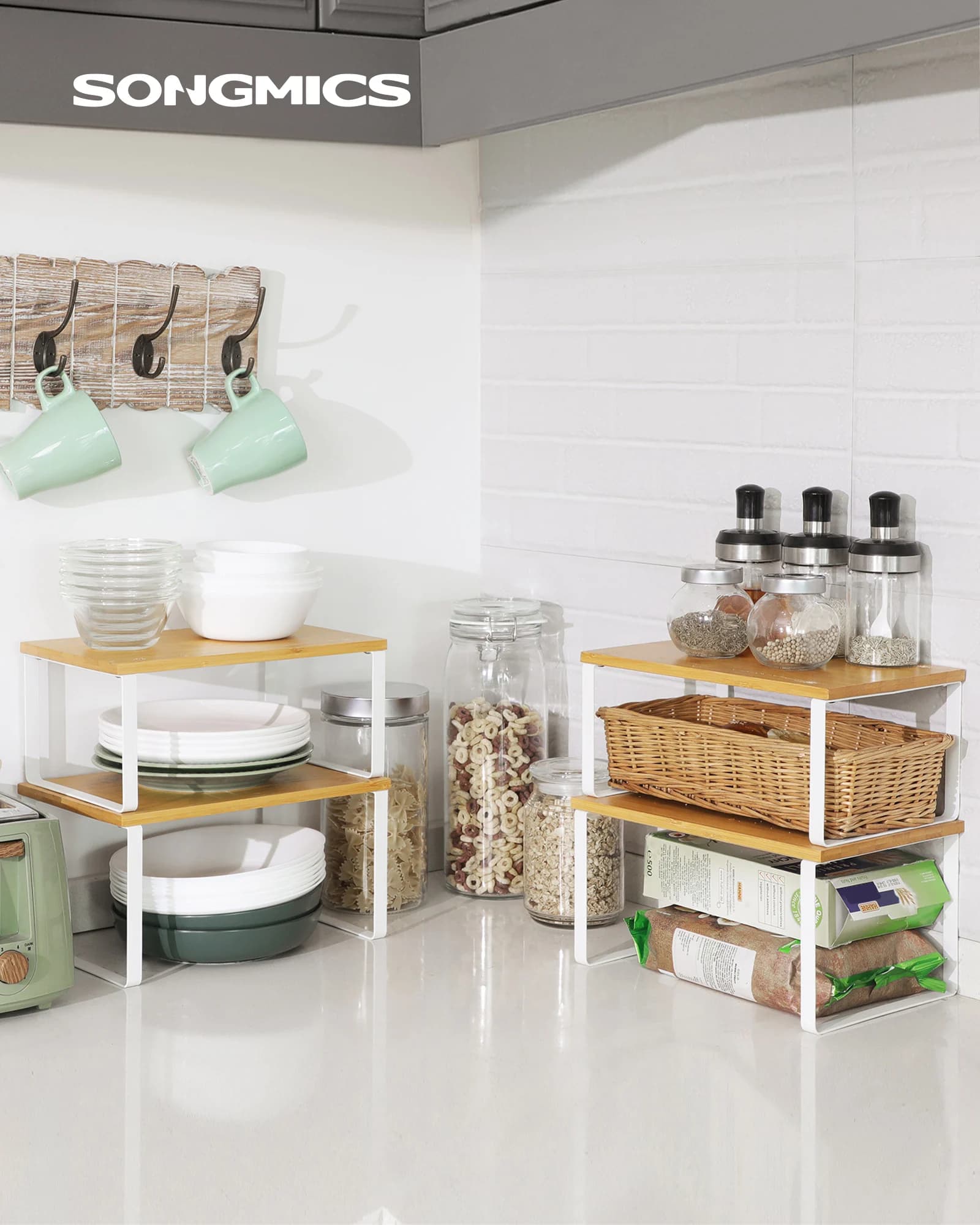 SONGMICS Set di 4 Ripiani Organizzatori per Armadi, Mensole da Cucina, Porta Spezie, Impilabili, Espandibili, in Metallo