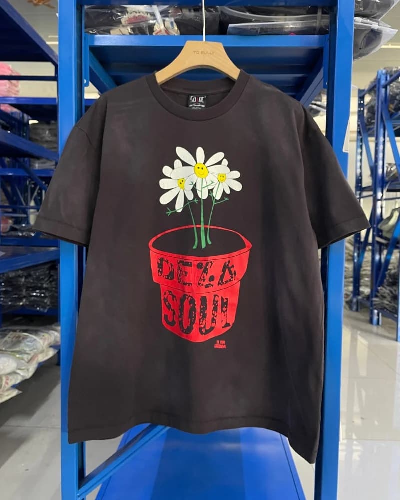 High Street Gray Fashion Washed Digital Print Floral Potted Plants Summer Men's Women's Casual Saint Retro T-shirt