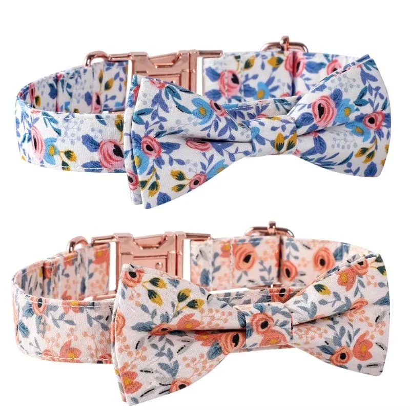 Customized Logo Dog Collar Adjustable Durable Flower Polyester Fabric Bowtie Luxury Golden Metal Buckle Pet Collar