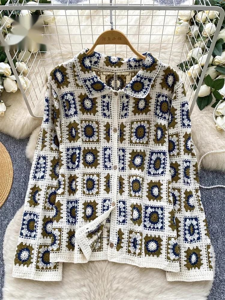 Top da vacanza scavati, casual, maniche lunghe, collo con risvolto, cardigan larghi di tendenza autunnale, camicia vintage con uncinetto