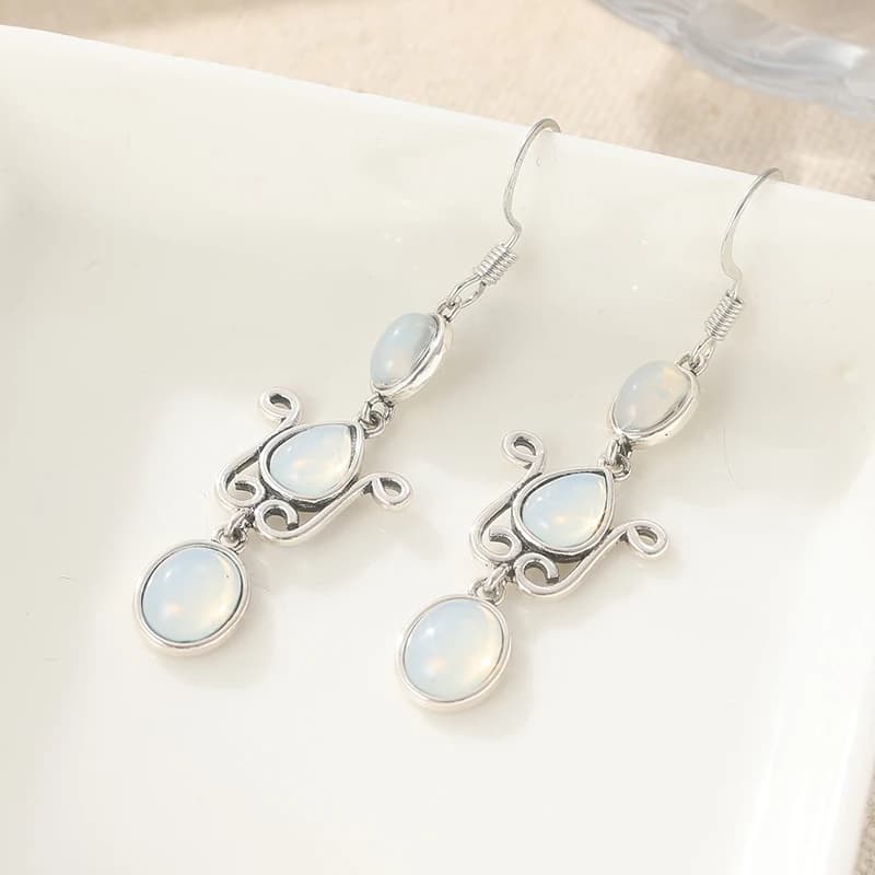 Vintage Silver Plated Imitation Moonstone Dangle Earrings Women's Classic Fashion Party Daily Earrings Charm Jewelry Gifts