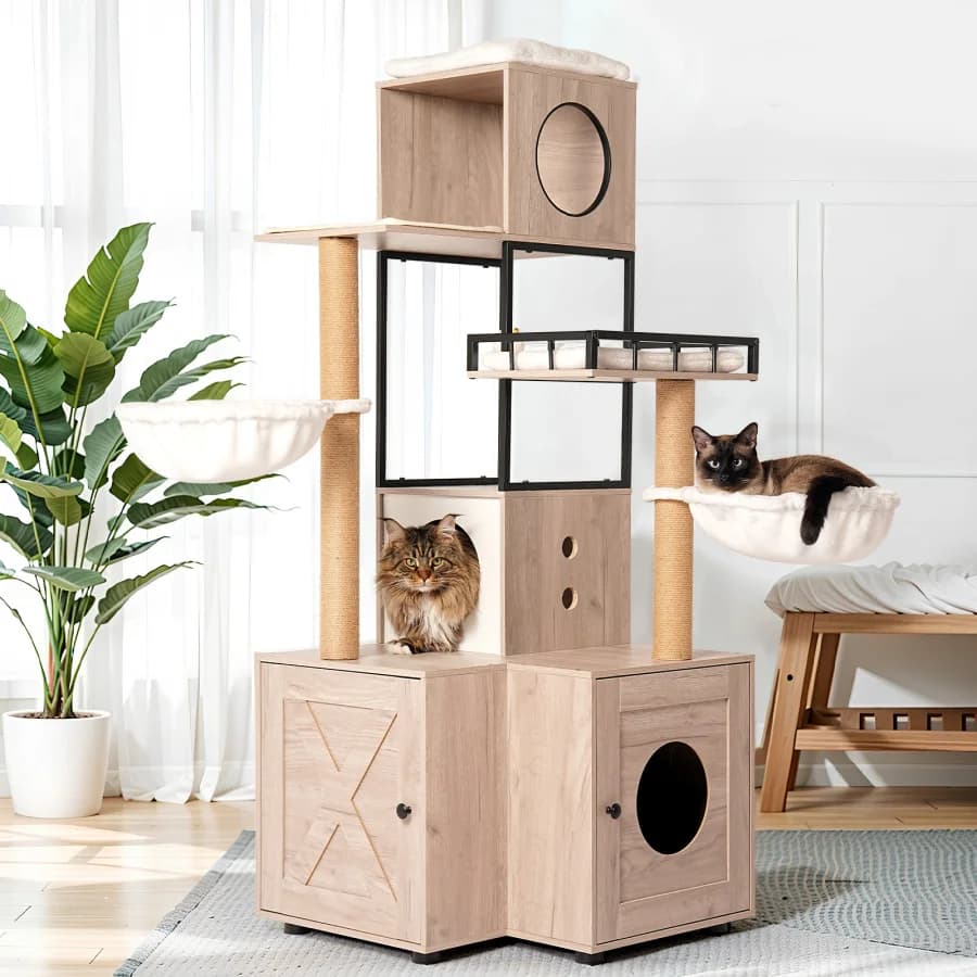 Albero per Gatti Multifunzionale da 63 Pollici con Lettiera - Include Cuscino Rimovibile e Lavabile, Tiragraffi e Gancio per Giocattoli - Design Moderno