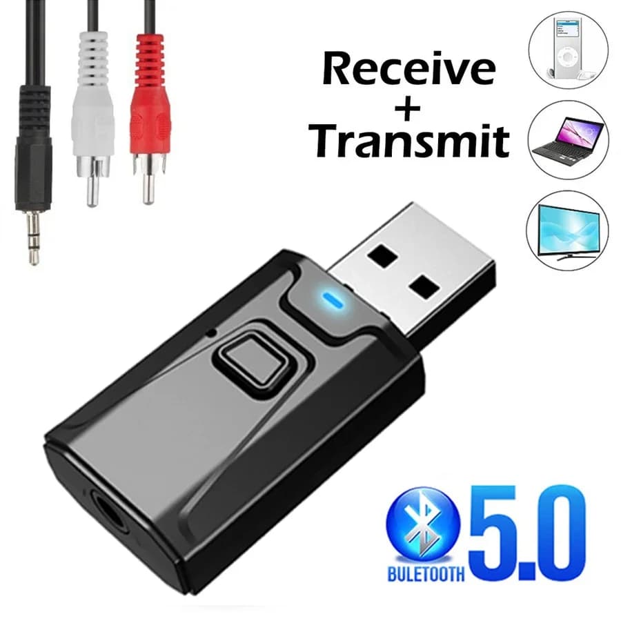 USB Bluetooth 5.0 Transmitter Receiver Microphone 3 in 1 Adapter EDR Dongle 3.5mm AUX for TV PC Stereo Headphones Auto HIFI Audio