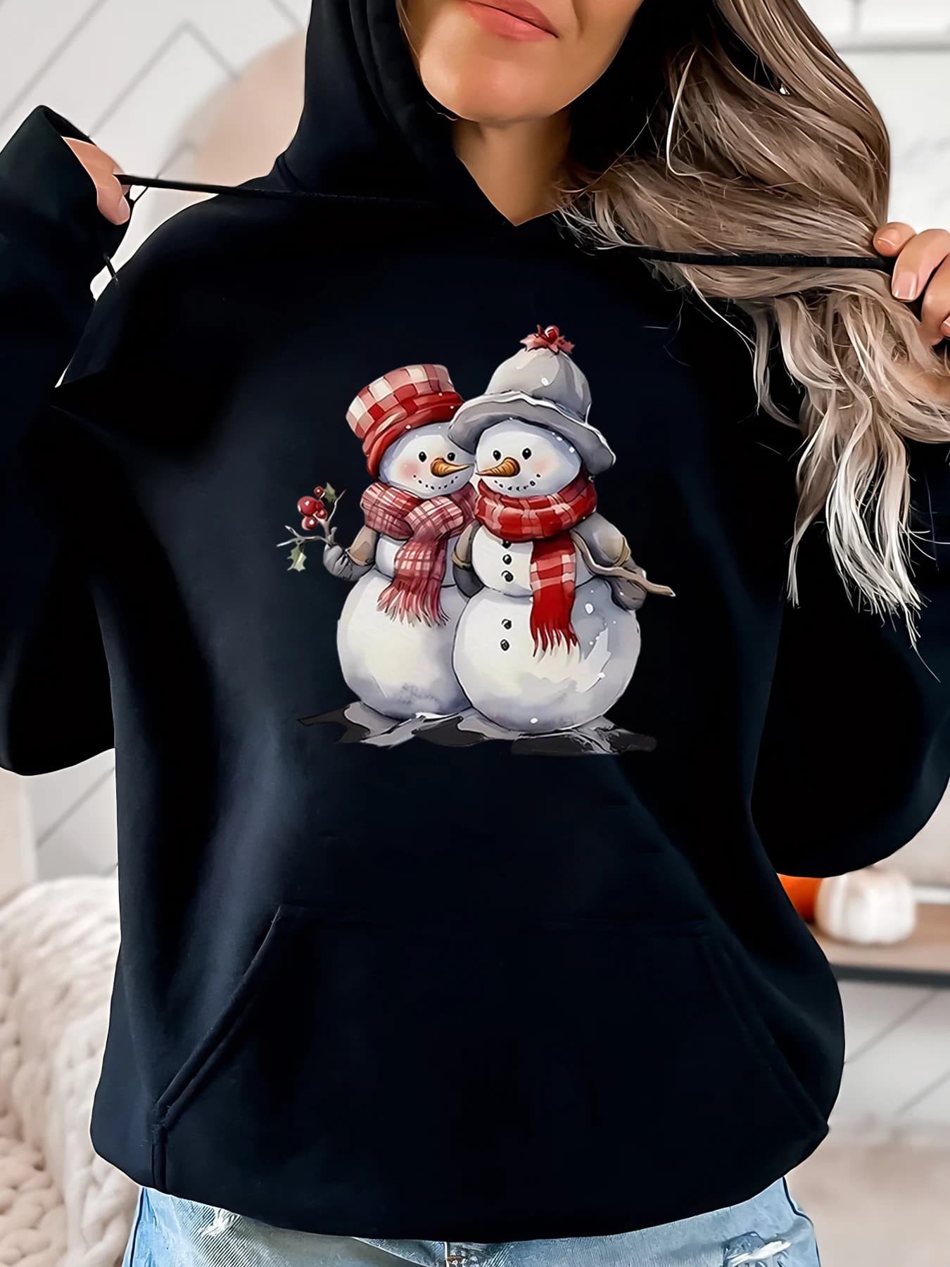 Christmas Hoodie with Women Snowman Couple Print Casual Winter Clothing Black Plus Size