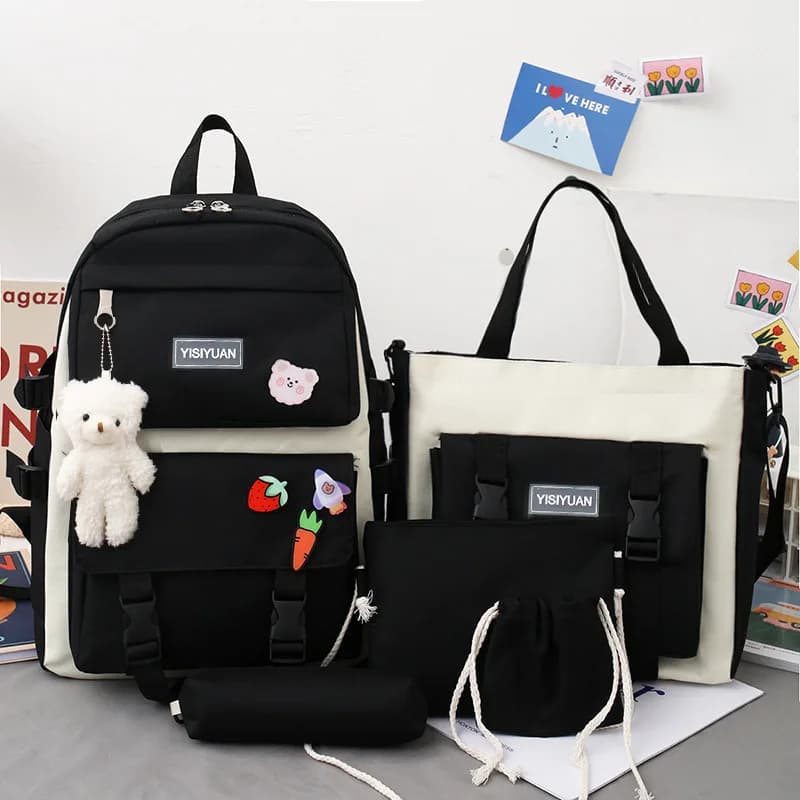 Student Fashion 5/pce Set Schoolbag Girl Simple Children Backpack Color Blocking Spine Protection Large Capacity Korean Version