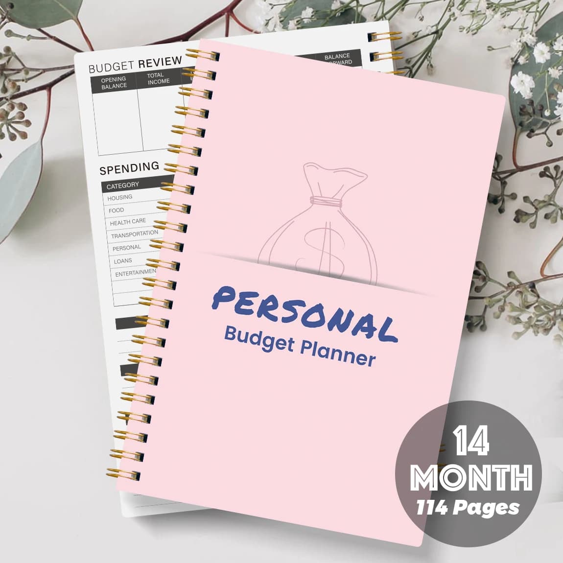 Agenda a spirale A5 per la pianificazione del budget, registro delle spese per 14 mesi, organizer mensile delle finanze con pagine per le risparmi.