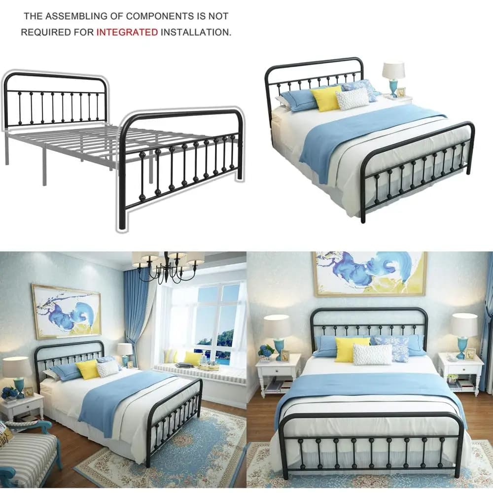 Vintage Victorian style metal double bed frame with headboard, platform and underlet container, without need of springs, black