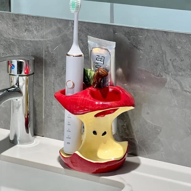 Apple Core Toothbrush Holder Drainage Toothbrush Stand Cute Bathroom Vanity Storage Decor
