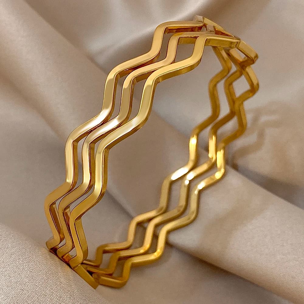 3pcs Glossy Gold Plated Stainless Steel Bracelet for Women Minimalist Wave Wristband Bangle Bracelets Waterproof Jewelry