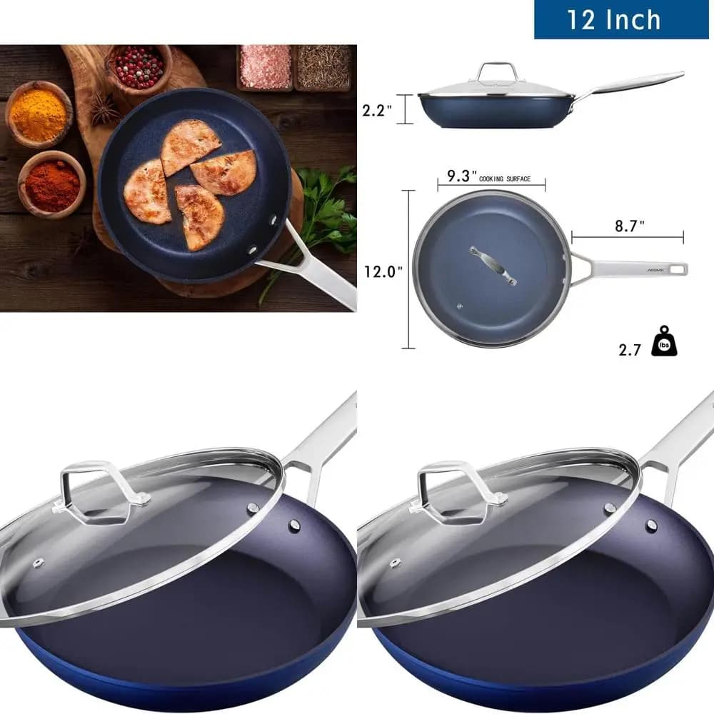 Set of 12 inch titanium and diamond panels, blue color, with cover, durable, easy to clean, suitable for induction