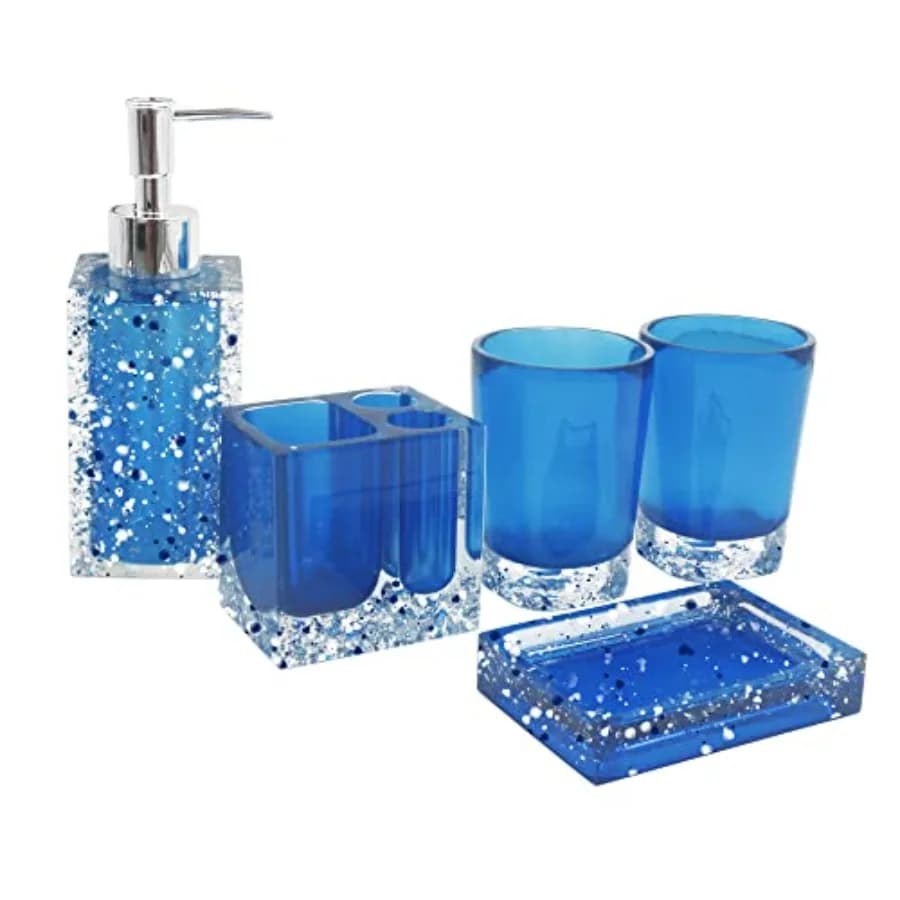 Set di 5 Accessori per Bagno in Resina: Portasapone, Dispenser Sapone, Portaspazzolino e Bicchiere, Blu