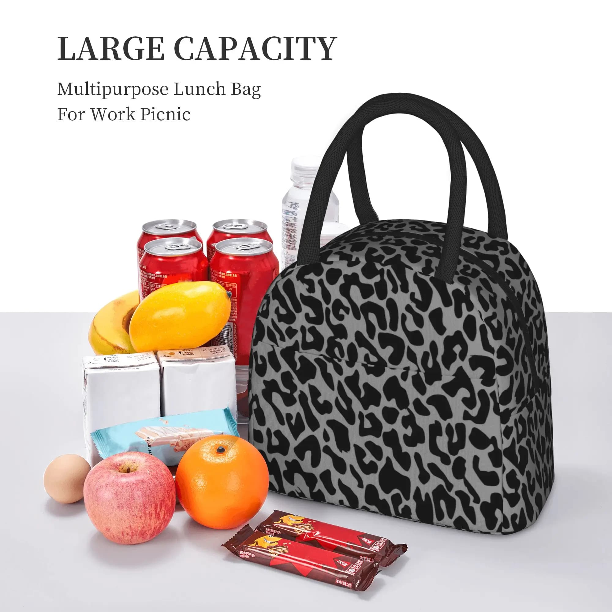 Black Leopard Insulated Lunch Bag Cooler Bag Reusable Cheetah Animal Large Tote Lunch Box for Men Women College Travel