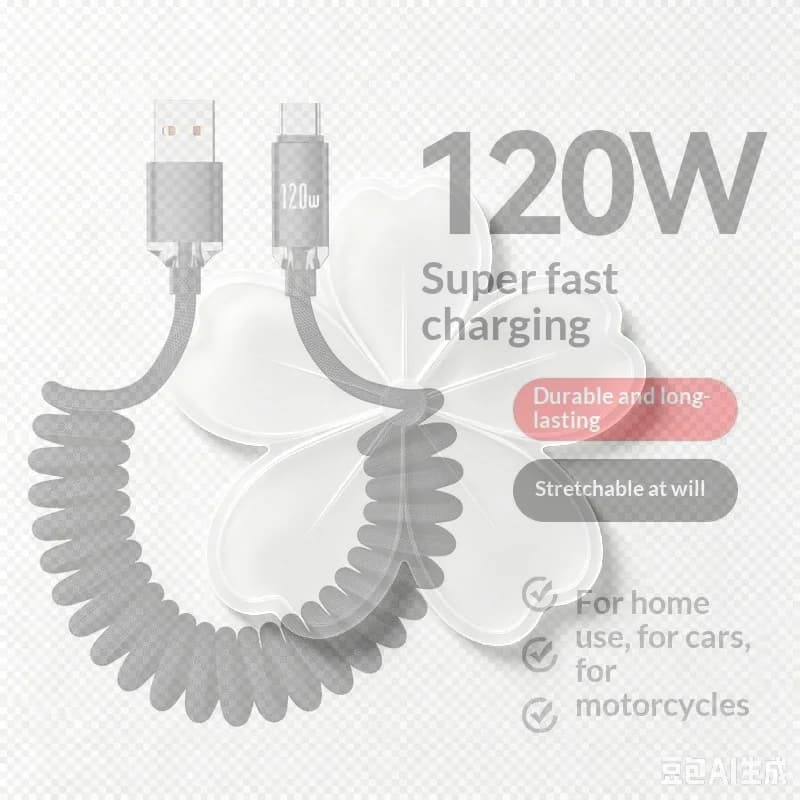 120W Car Type C To USB C Fast Charging For Phone USB A To Type C Spring Telescopic Cable For Car Travel Office Use