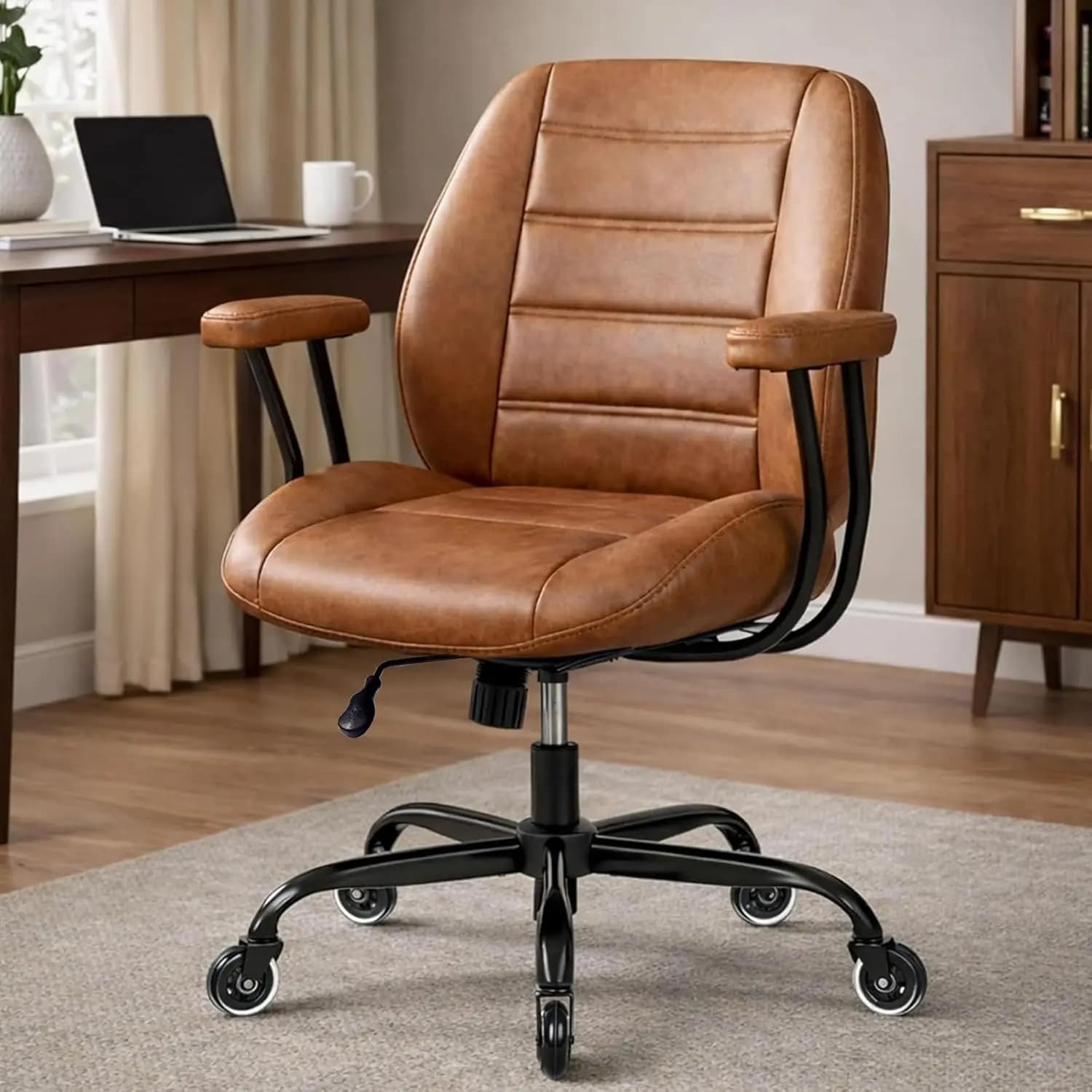Sedia da ufficio ergonomica marrone con schienale medio, supporto lombare, ruote silenziose in gomma, braccioli rimovibili, regolabile in altezza