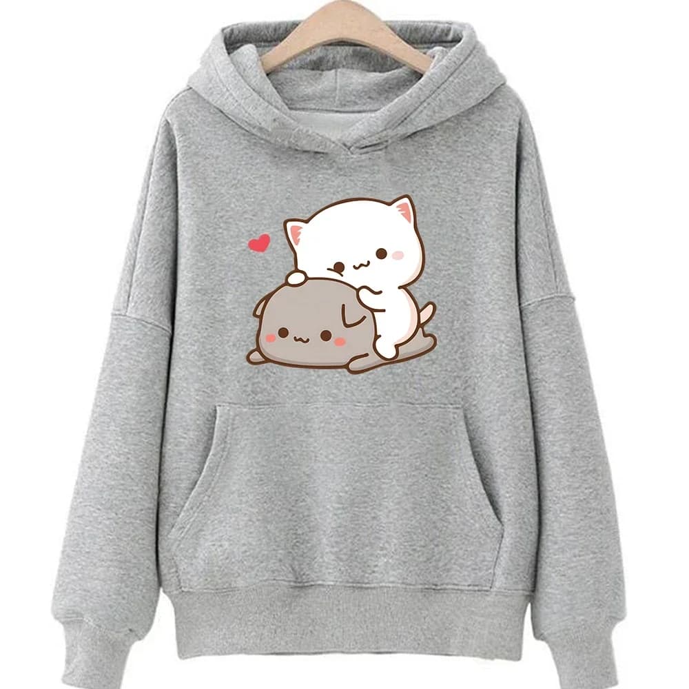 Mochi Peach And Goma Cute Cat Hoodie Sweatshirt for Girls Fashion Kawaii Cartoon Pullovers Women_Men Environmental protection