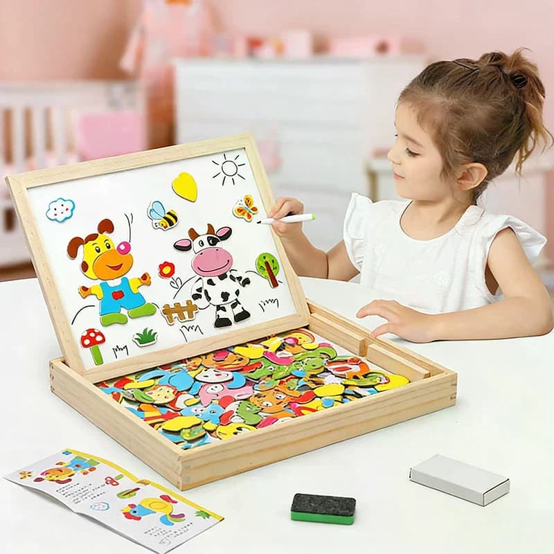 Puzzle multifunzione in legno per bambini, puzzle con animali, scrittura, tavolo da disegno magnetico, lavagna, giocattoli educativi per l'apprendimento dei bambini