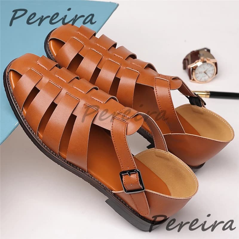Summer Versatile Men's Sandals Retro Genuine Leather Hollow Buckle Gladiator Sandals Classic Design Outdoor Male Casual Shoes