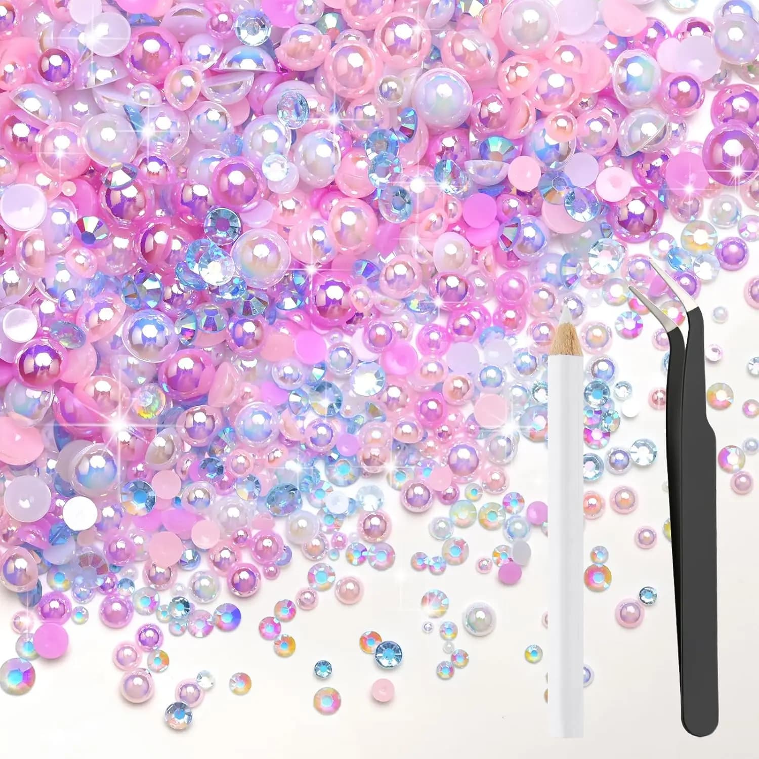 30g Half Round Pearls Rhinestones Pink Purple Mixed Size 3mm-8mm Mix Flatback Pearlsfor Nail Art DIY with Tweezers Wax Pen