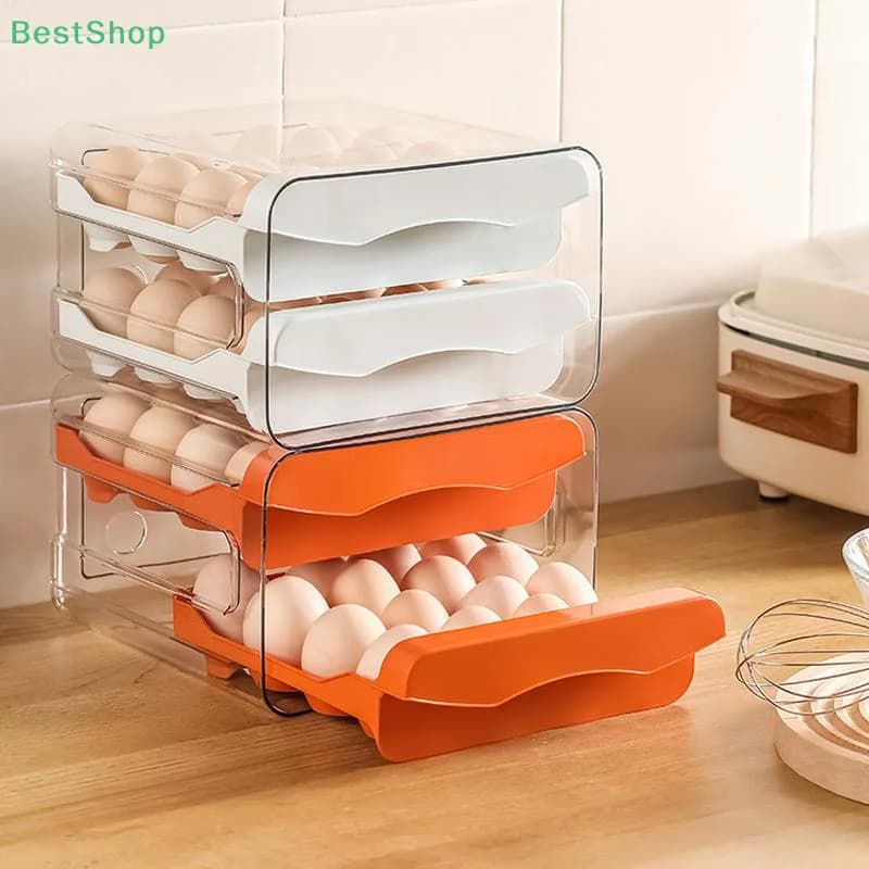 ♥Automatic Rolling Egg Rack Double-Layer Drawer Refrigerator Organizer Plastic Egg Storage Box
