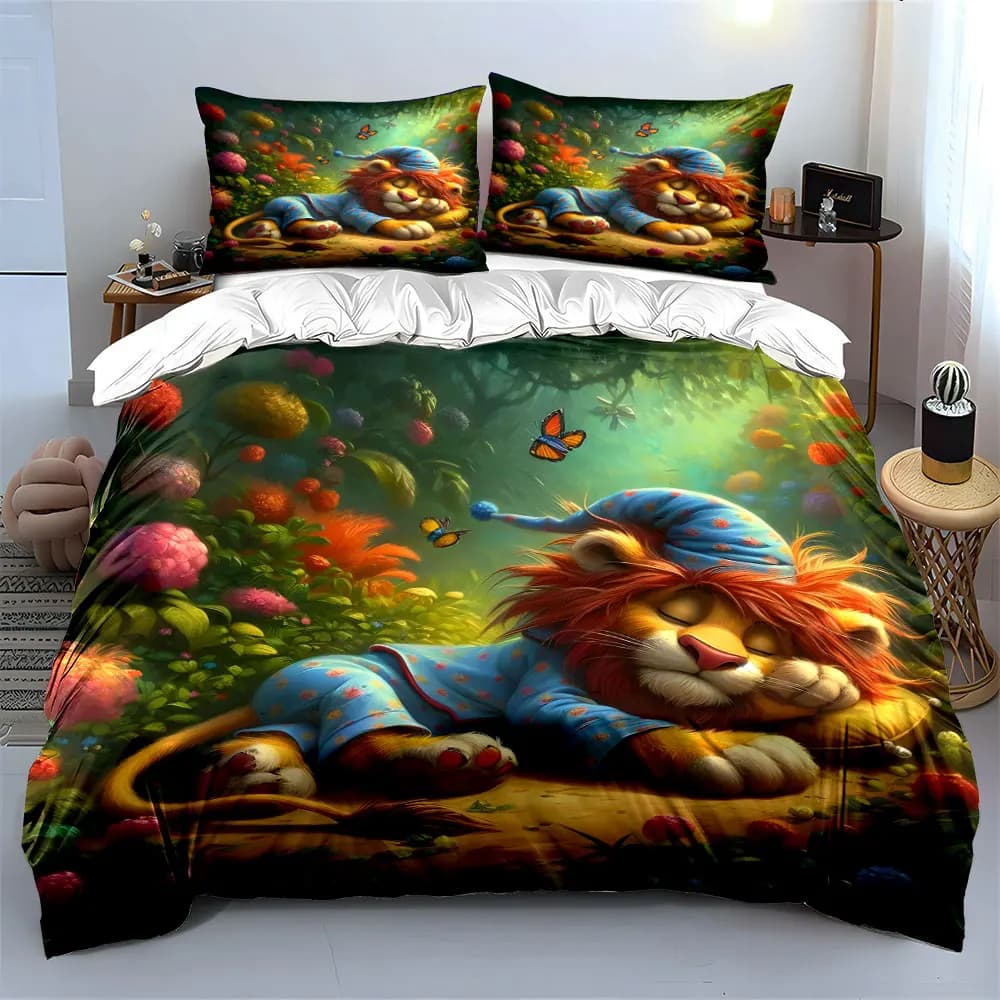 Set Pigiama Colorato con Motivo Leone, Set Biancheria da Letto con 1 Copripiumino e 2 Federe, Singolo, Matrimoniale, King, Queen, Regalo