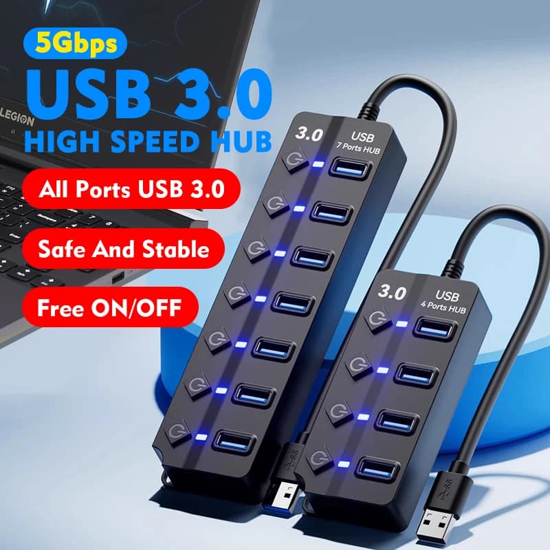 JUMPEAK 4 porte 7 porte Hub USB USB 3.0 Espansore Docking Station Splitter con adattatore di alimentazione con interruttore per PC portatile Multi-dispositivo