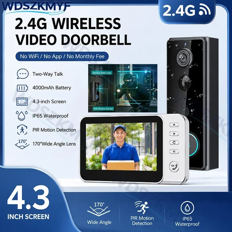 Waterproof 2.4G Video Monitoring Doorbell 4.3 Inch IPS screen 4000mAh PIR motion sensor Two-way intercom Video Doorbell Camera