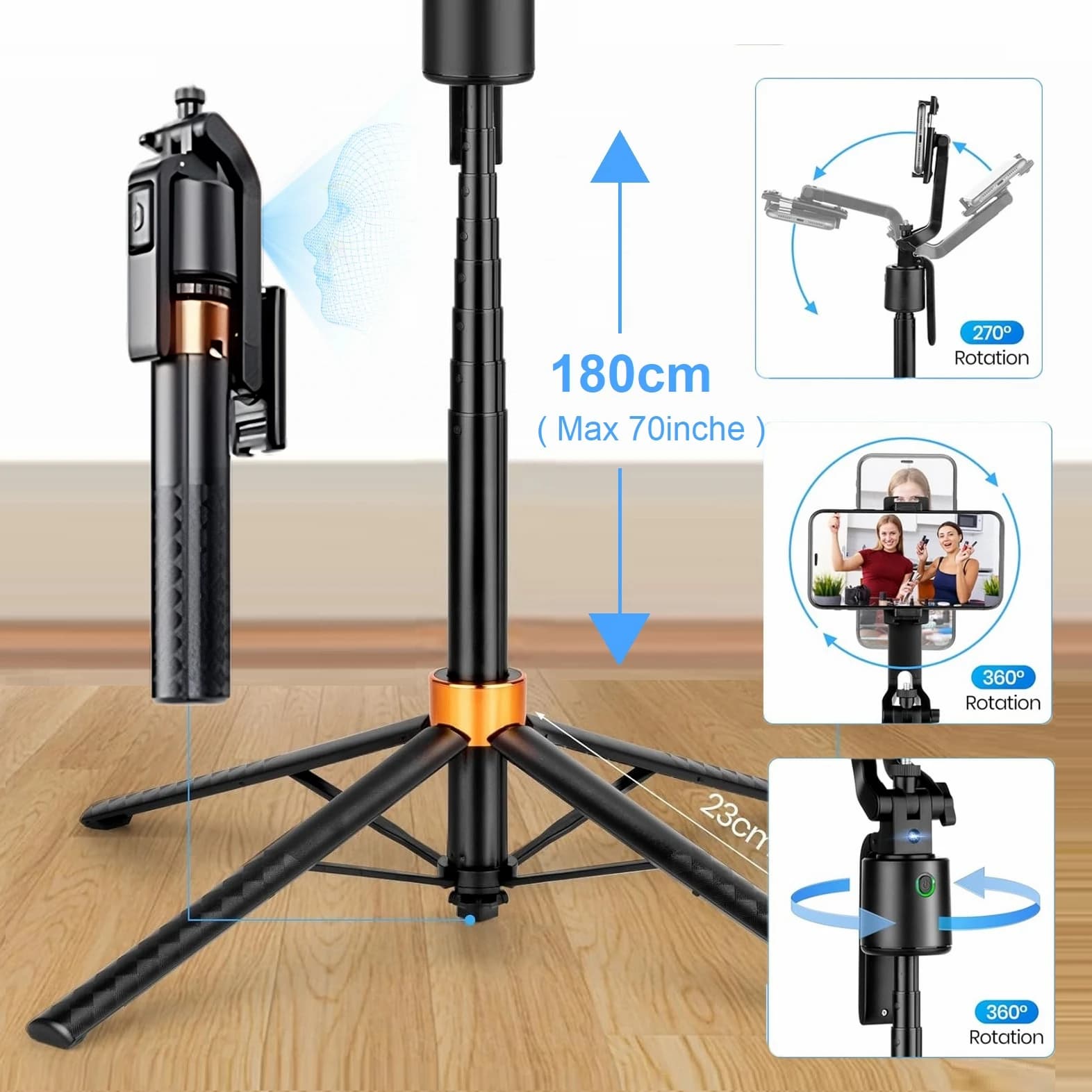 Bluetooth Selfie Stick 1.8m Gimbals estensibili Treppiede 10M Telecomando Tiro Supporto per telefono AI Smart Face Tracking Stabilizzatore