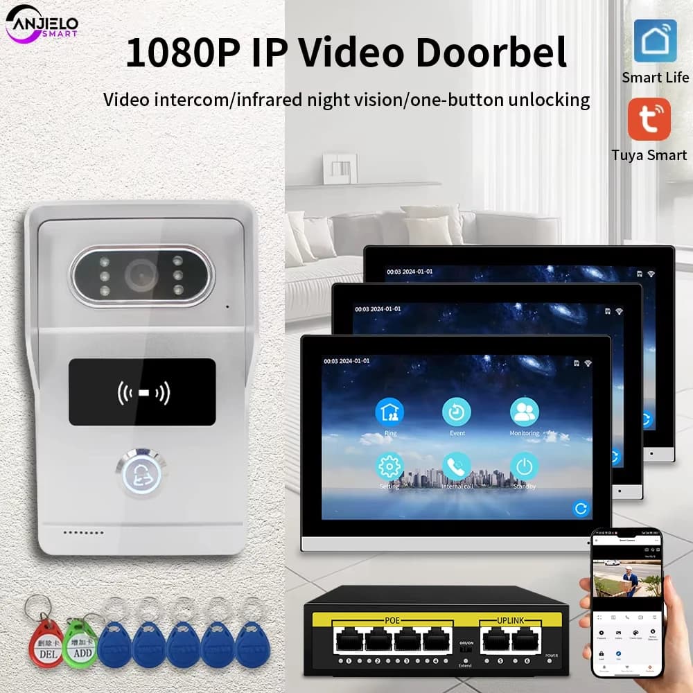 Videocitofono ANJIELOTuyatouchscreen Wifi10 pollici IP1080Pvilla tabletAccesso RFIDProtezione di sicurezza campanello cablato POE