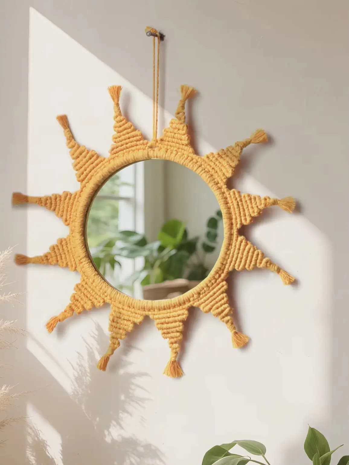 Handmade Yellow Sun Wall Mirror Boho Macrame Wall Hanging Woven Mirror for Home, Living Room & Bedroom Aesthetic Room Decor Gift
