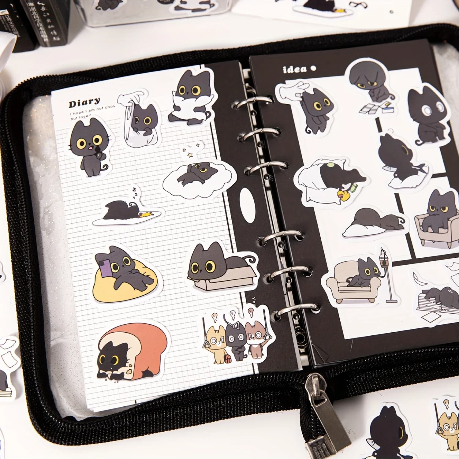 1 scatola di adesivi anime gatto nero per scrapbooking, diario, decorazioni fai da te, pianificatori, valigie, diario, quaderni