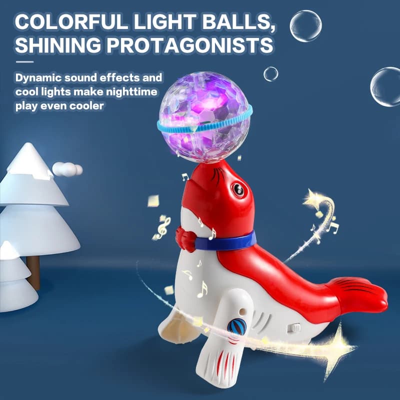 Simpatico giocattolo elettrico per bambini con palla superiore del leone marino con punte acrobatiche, suono e luce colorati, regalo perfetto per i neonati