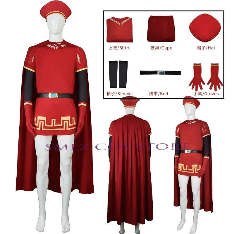 2025 Halloween Cosplay Lord Farquaad Cosplay Anime Costume Uniforme Mantello Guanto Cappello Set Medievale Cosplay Festa di Halloween Rosso Outf