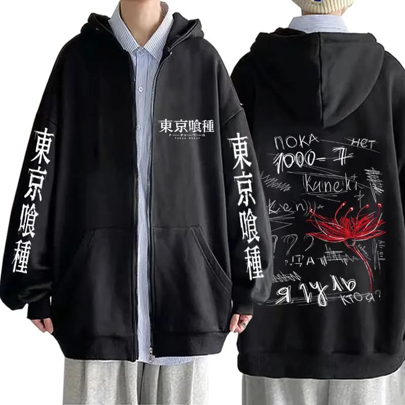 Felpa con Cappuccio e Zip Anime Tokyo Ghoul con Stampa Spider Lily, Giacca Manga Kaneki Ken, Moda Casual Unisex