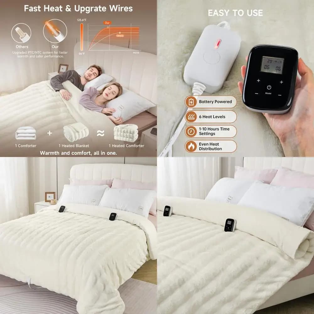 Coperta riscaldata King Size in finta pelliccia di coniglio con 6 impostazioni di temperatura, timer da 1-10 ore, telecomando LCD wireless, 90x104, crema