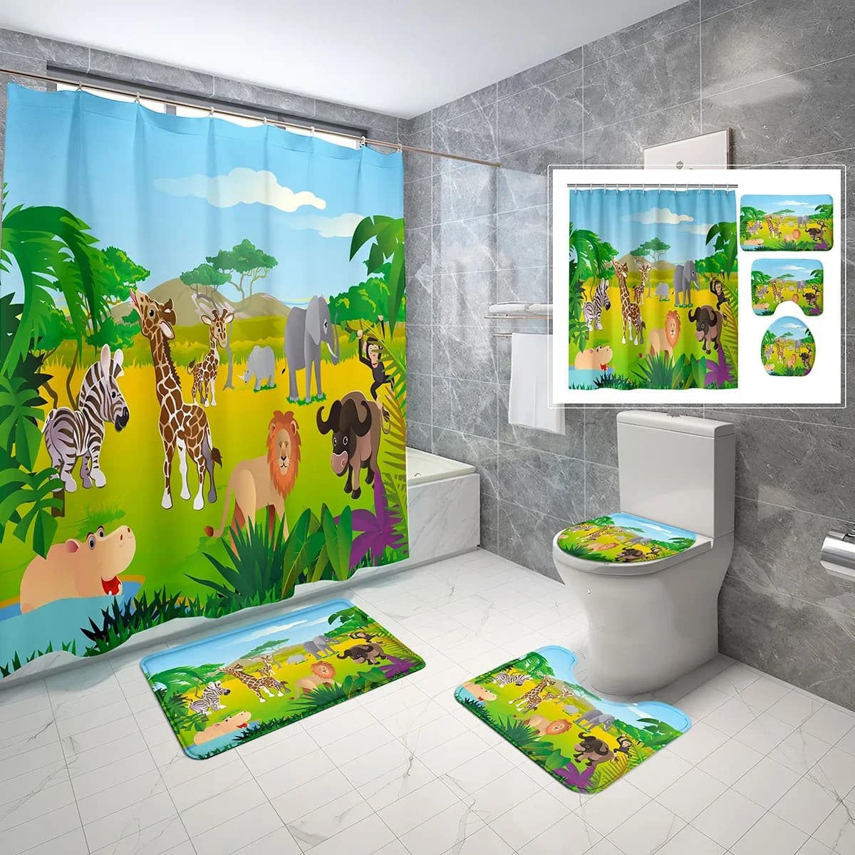 Set di tende da doccia per zoo da 4 pezzi, set di tende da doccia impermeabili con animali della foresta africana selvaggia, tappetino da bagno antiscivolo