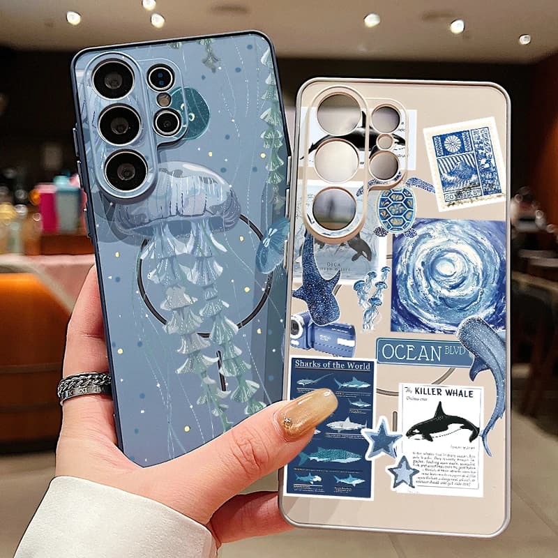 Cover Magnetica con Stampa Balena e Medusa per Samsung Galaxy S26 S25 S24 S23 Ultra S25 FE A57 A56 A37 A17 A55 A16 A26 A36