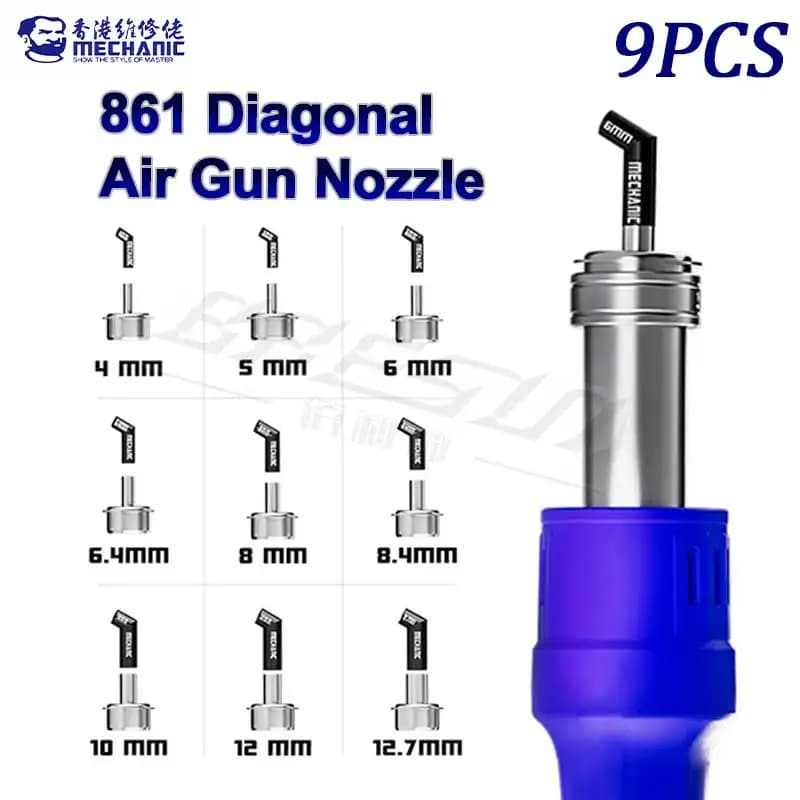 MECCANICO 9 pezzi ugello aria calda adatto per pistola ad aria compressa 861 4/5/6/6.4/8/8.4/10/12/12.7mm ugello pistola ad aria diagonale strumenti di saldatura PCB