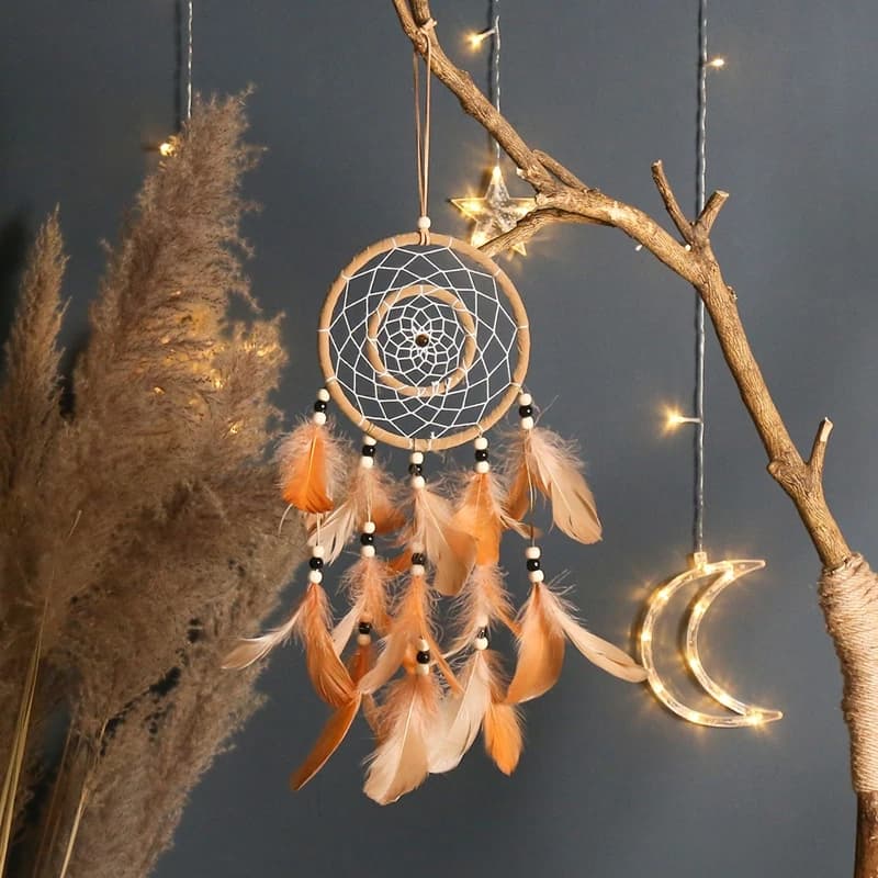 Bohemian Orange Feathers Dream Catcher Handmade Ornaments Small Wind Chimes Car Pendants Home Decorations Yard Decor Gifts
